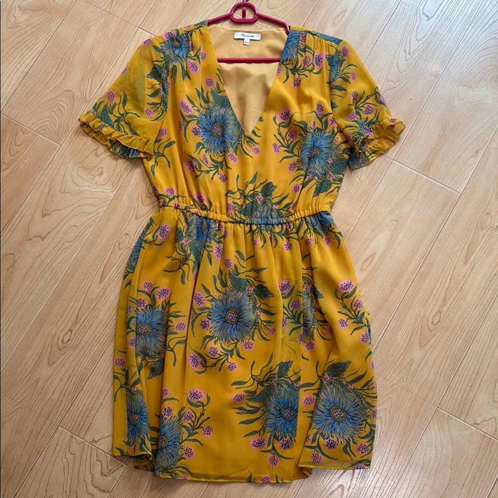 Madewell Yellow Floral Blue Print Faux Wrap dress Size 4